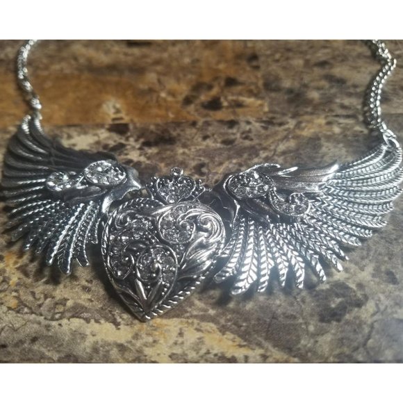 Winged Heart Necklace Crystals Silver Tone - Picture 4 of 4
